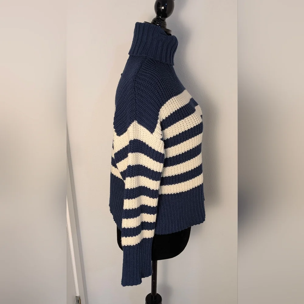 Madewell Wide Rib Turtleneck Crop Sweater New Sz S Oversized Striped Blue Cream - Picture 6 of 13
